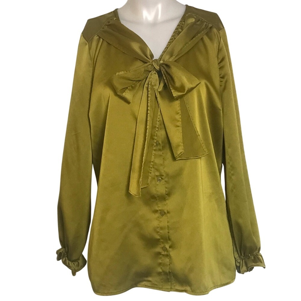 THE LIMITED GREEN SATIN BLOUSE WITH RIBBON NECKTIE